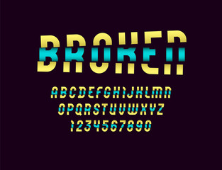 High damaged font, trendy colored broken alphabet, modern letters and numbers, for your designs: logo, t shirt, card, poster, letterpress, vector illustration