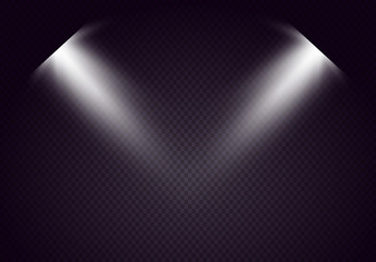 Glowing light effect on transparent background with lens. White flash realistic effect. Vector illustration.