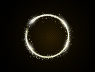Gold frame flash with glitter effect. Yellow light on dark background. Vector realistic illustration