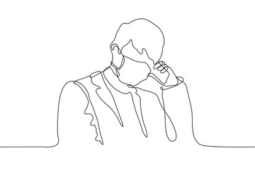 Portrait of a man in a medical protective mask speaks on the phone. One continuous line art businessman during a business conversation on the phone. Contour sketch of a male silhouette