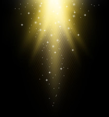 Golden Rays rising. Star burst. Sun flash with gold glitter effect.Yellow light on dark background. Vector realistic illustration 