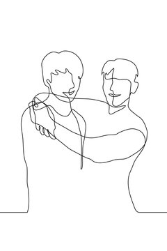 recommend clip art: Vector drawing friends standing in an embrace. Two men are smiling, the warm trusting relationship of two male friends. One continuous line art of two men