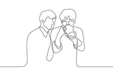 men who just took a photo look into a professional camera. One continuous line art two friend men check a photograph.