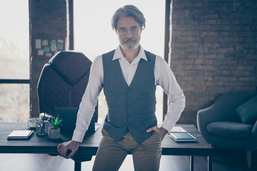 Brutal masculine old man clever intelligent financier ready sign successful deal with partners wear...