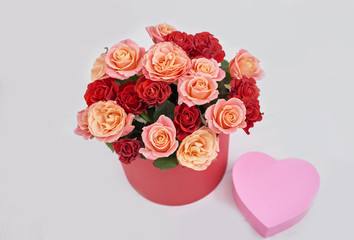 Valentines Day romantic background with flowers roses . Valentine Card with copy space. Flowers in gift box. Valentine's day greeting card template February 14. Happy Birthday or wedding postcard