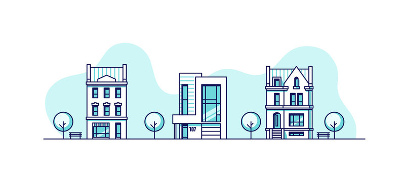 Set of urban houses. Real estate  business concept. Vector illustration.