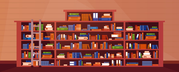 Large Bookcase with books with stairs, ladder. Library book shelf interior. Books and knowledge. Vector illustration pattern