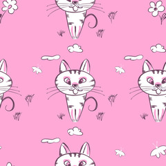 Background with cute hand drawn cartoon cat.