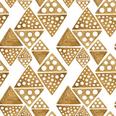 Ethnic gold hand painted seamless pattern. Abstract rhombus golden background. Tribal aztec texture.