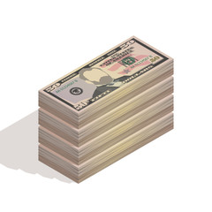 Big stack of fifty dollar bills. Paper money, pile of 50 US dollar banknotes, isometric view. Vector illustration isolated on white background