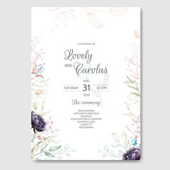 Watercolor wedding invitation card template with a flower and leaves frame