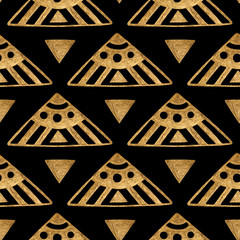 Ethnic gold hand painted seamless pattern. Abstract triangles golden background. Tribal aztec texture.