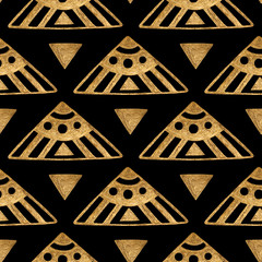 Ethnic gold hand painted seamless pattern. Abstract triangles golden background. Tribal aztec texture.