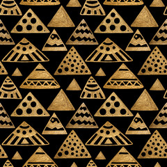 Ethnic gold hand painted seamless pattern. Abstract pyramids golden background. Tribal aztec texture.