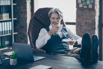 Portrait of his he nice attractive handsome cheerful confident gray-haired top director company...