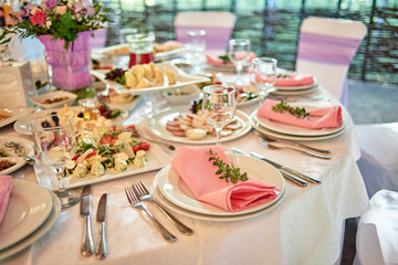 Table set, copy space. Menu mockup, place setting at wedding reception. Table served for wedding banquet in restaurant