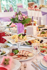 Table set, copy space. Menu mockup, place setting at wedding reception. Table served for wedding banquet in restaurant