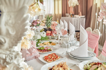 Table set, copy space. Menu mockup, place setting at wedding reception. Table served for wedding banquet in restaurant