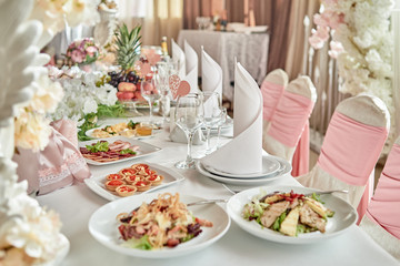 Table set, copy space. Menu mockup, place setting at wedding reception. Table served for wedding banquet in restaurant