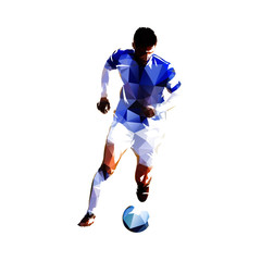 Fototapeta na wymiar Soccer player running with ball, low poly isolated vector drawing, geometric footballer