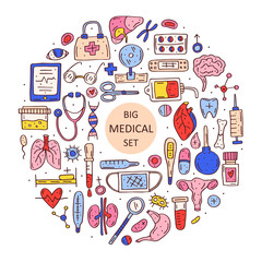 Medicine equipment, organs cartoon doodle hand drawn vector illustration, clip art, set of elements, stickers, icons. Cute colorful design. Isolated on white background. Design elements. 