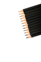 Close up wood black pencil isolated on white background. Pencils collection.