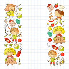 Healthy food and cooking. Fruits, vegetables, household. Doodle vector set.