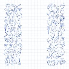 Healthy food and cooking. Fruits, vegetables, household. Doodle vector set.