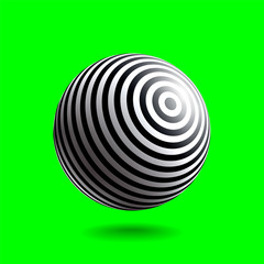 Black and white striped sphere with realistic light and shadow. Abstract 3D vector object.