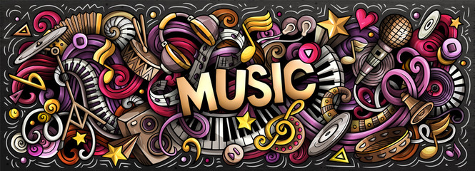 Music hand drawn cartoon doodles illustration. Colorful vector banner