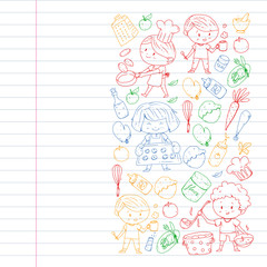 Healthy food and cooking. Fruits, vegetables, household. Doodle vector set.