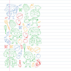 Healthy food and cooking. Fruits, vegetables, household. Doodle vector set.