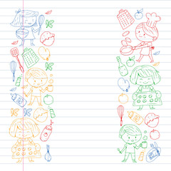 Healthy food and cooking. Fruits, vegetables, household. Doodle vector set.