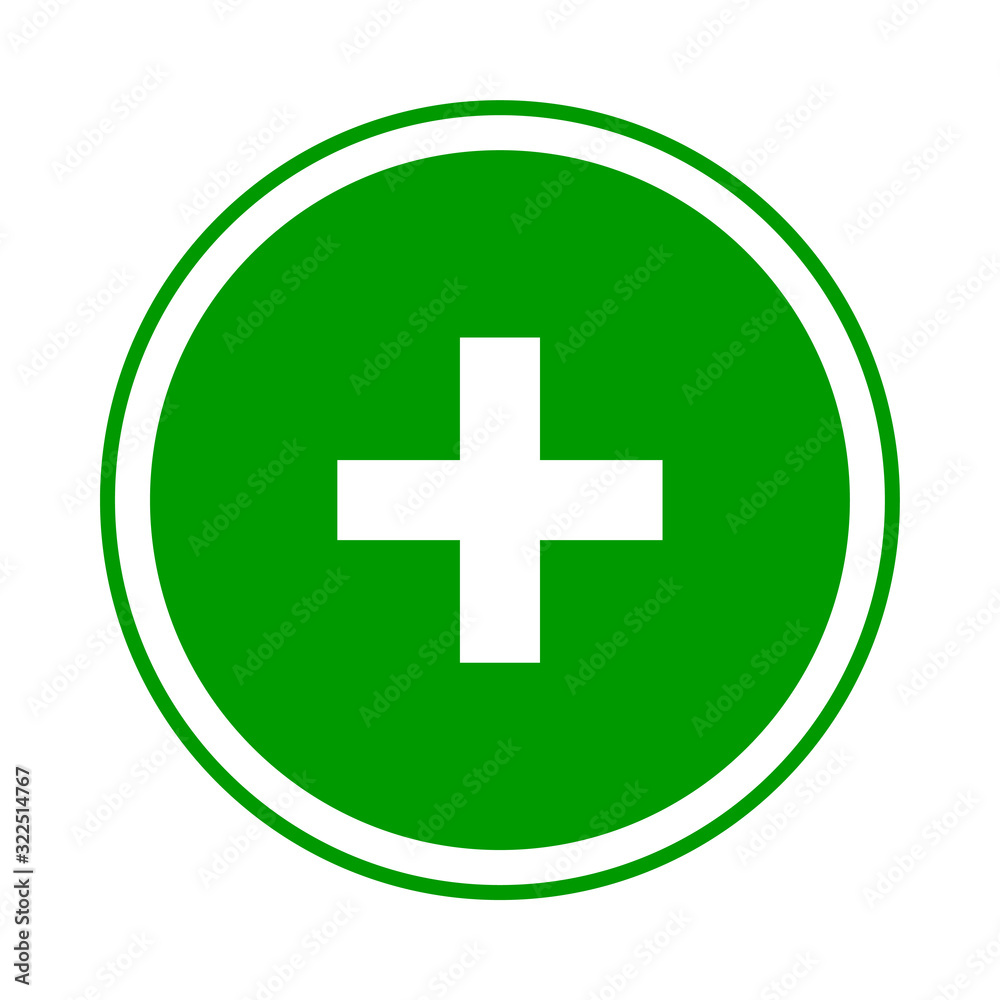 Poster round green plus sign icon, button. flat add, positive symbol isolated on a white background. eps10 