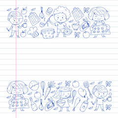 Healthy food and cooking. Fruits, vegetables, household. Doodle vector set.