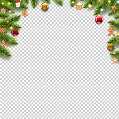 Green Fir Tree Borders With Christmas Toys Isolated Transparent Background