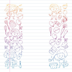 Healthy food and cooking. Fruits, vegetables, household. Doodle vector set.