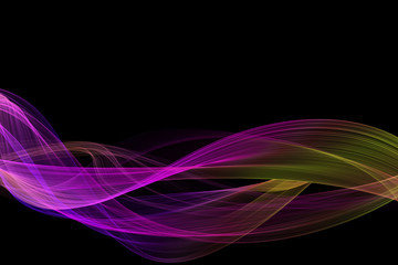 Wavy abstract design in two colors. Ribbon concept with purple and yellow gradient. Black isolated background.