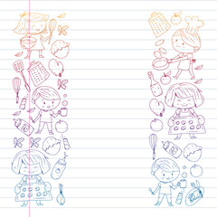 Healthy food and cooking. Fruits, vegetables, household. Doodle vector set.