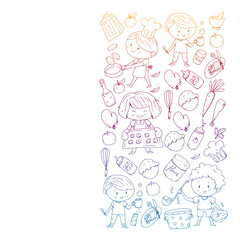 Healthy food and cooking. Fruits, vegetables, household. Doodle vector set.