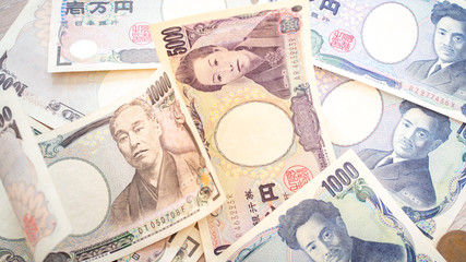 Many of the Japanese yen bank notes currency.