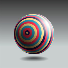 Color striped sphere with realistic light and shadow. Abstract 3D vector object.