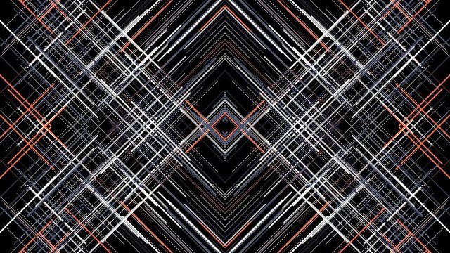 Abstract colorful rhombus frames moving on black background, seamless loop. Animation. Narrow straight beams flowing into different directions.