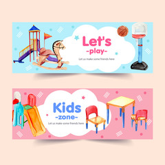 Playground banner design with slide, basketball, table watercolor illustration.