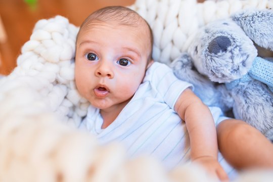 Adorable baby lying down over blanket on the floor at home. Newborn relaxing and resting comfortable with teddy bear