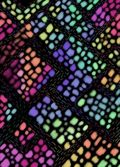 Maze of colored dots. Modern Artistic card for banner design. Multicolored spots on a black background.