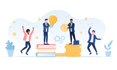 Successful sales ideas concept with a businessman holding a shining light bulb and his colleague standing on a pile of gold dollar coins as two people celebrate alongside, vector illustration