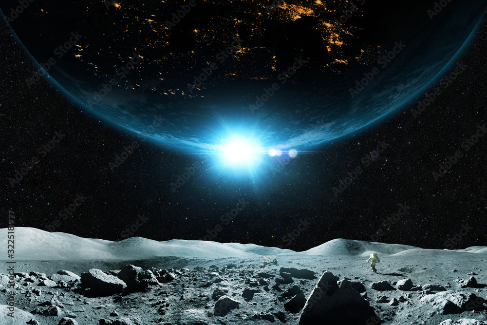Poster spaceman walks on the moon against the background of the planet. beautiful moon with planet earth on