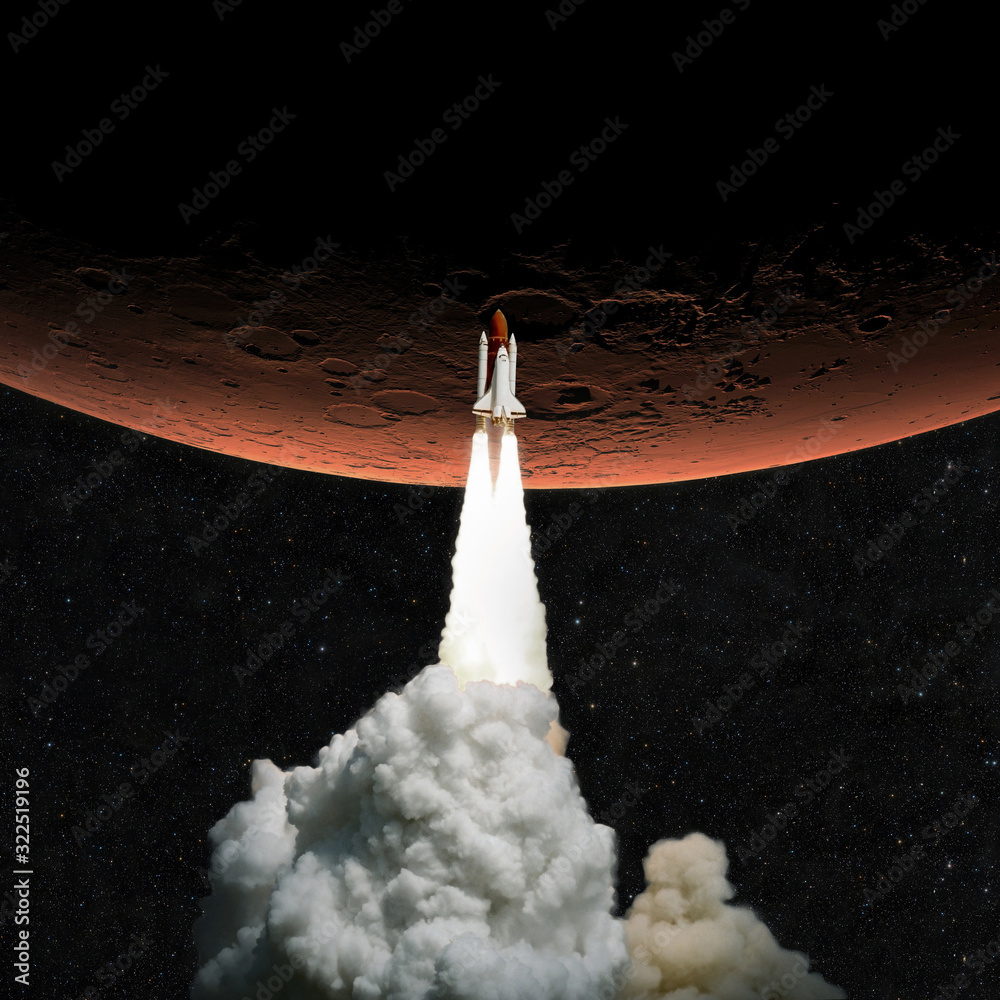 Poster spaceship takes off to mars. rocket flies to the red planet mars.