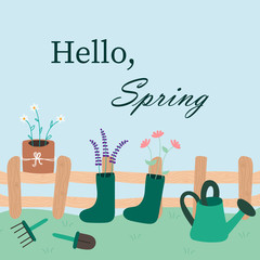 Cute Hello Spring card, hand drawn illustration in simple flat scandinavian style